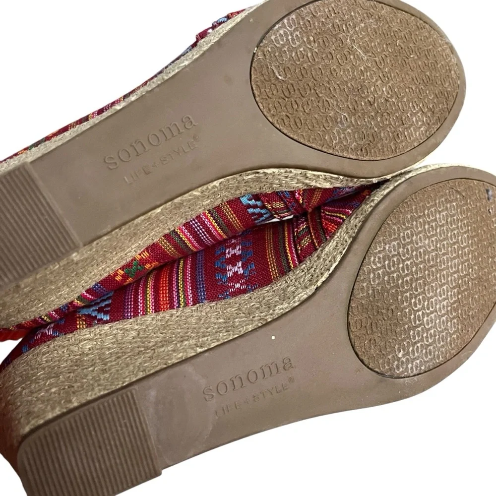 Sonoma Life Style Womens 8.5 M Jenne Red Stripe Aztec Peep Toe Espadrille Wedges